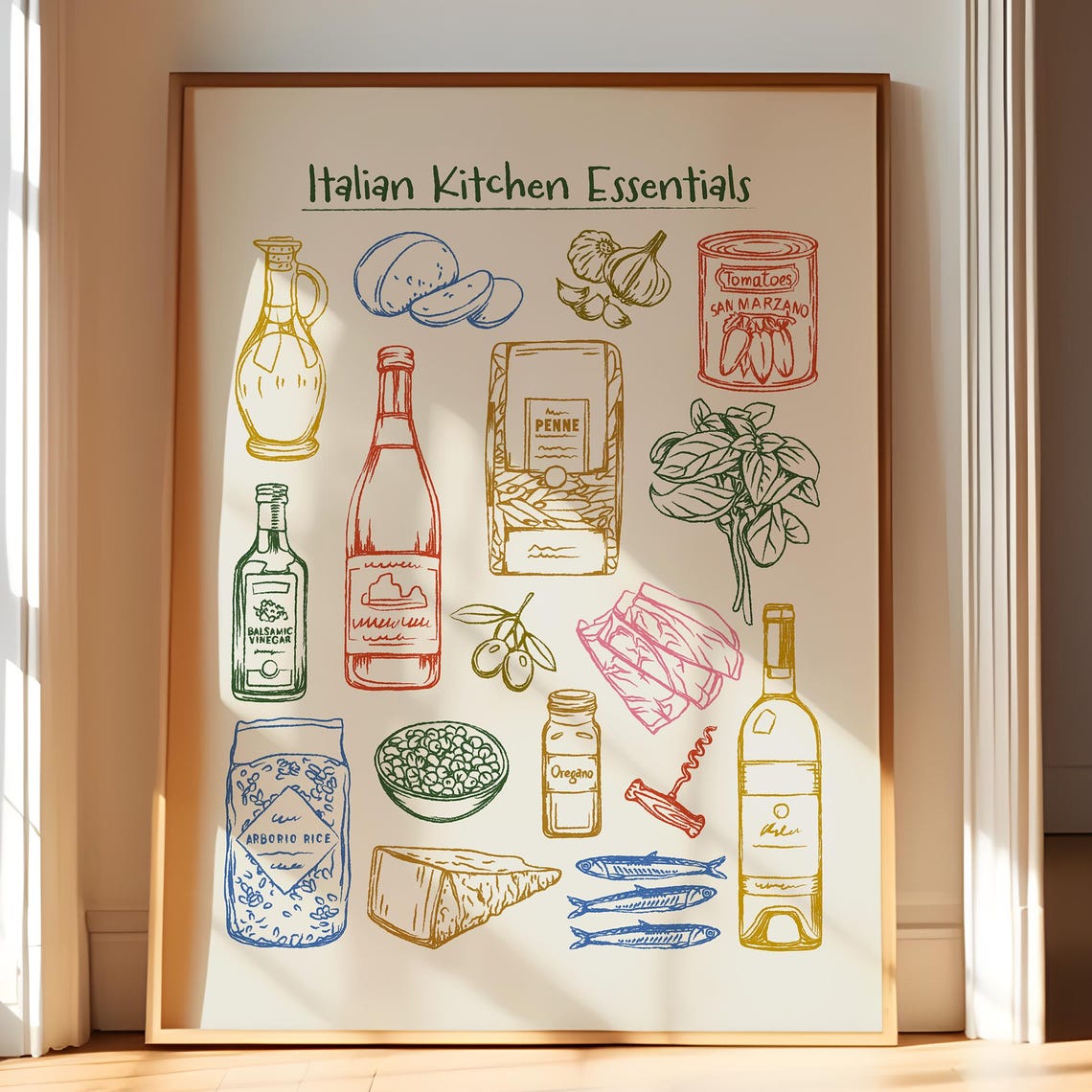 Italian Kitchen Essentials Colorful Ingredient Sketch Poster
