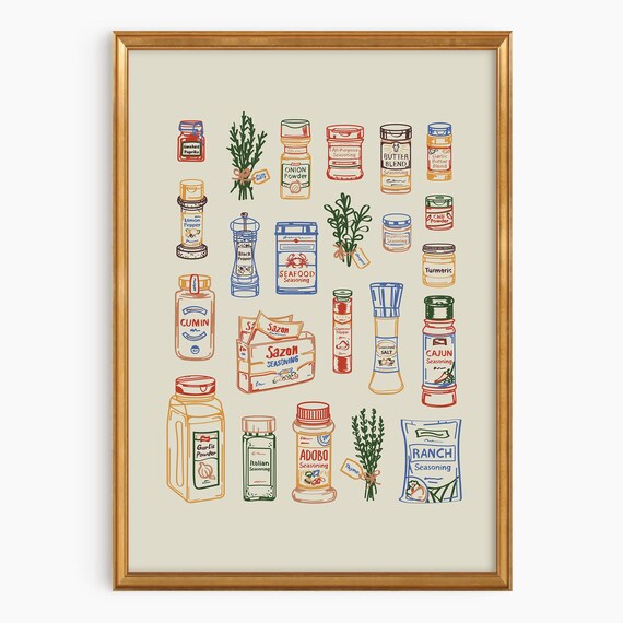 Vintage Spice Jars Collection Colorful Kitchen Spice Rack Art Poster