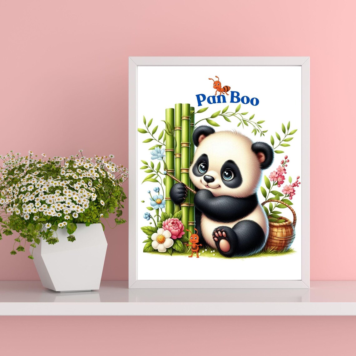 Pan Boo Baby Panda Among Bamboo and Flowers Kids Room Poster