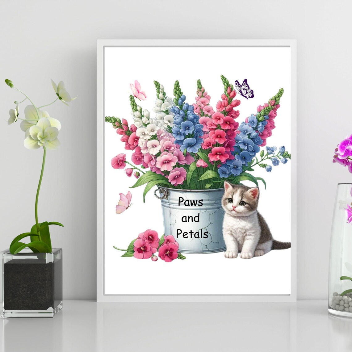 Paws and Petals Kitten With Snapdragon Bucket Bouquet Poster - Image 3