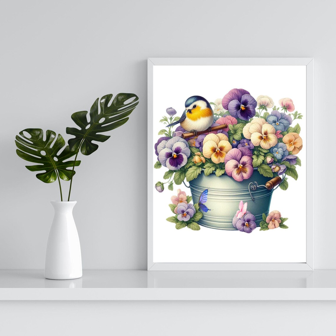 Songbird Perched on a Bucket of Colorful Pansies Floral Poster - Image 4