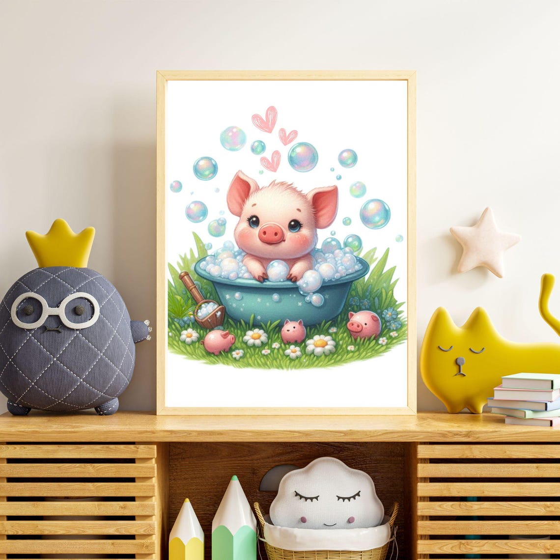 Cute Piglet in a Bubble Bath Tub With Bubbles Kids Room Poster - Image 3