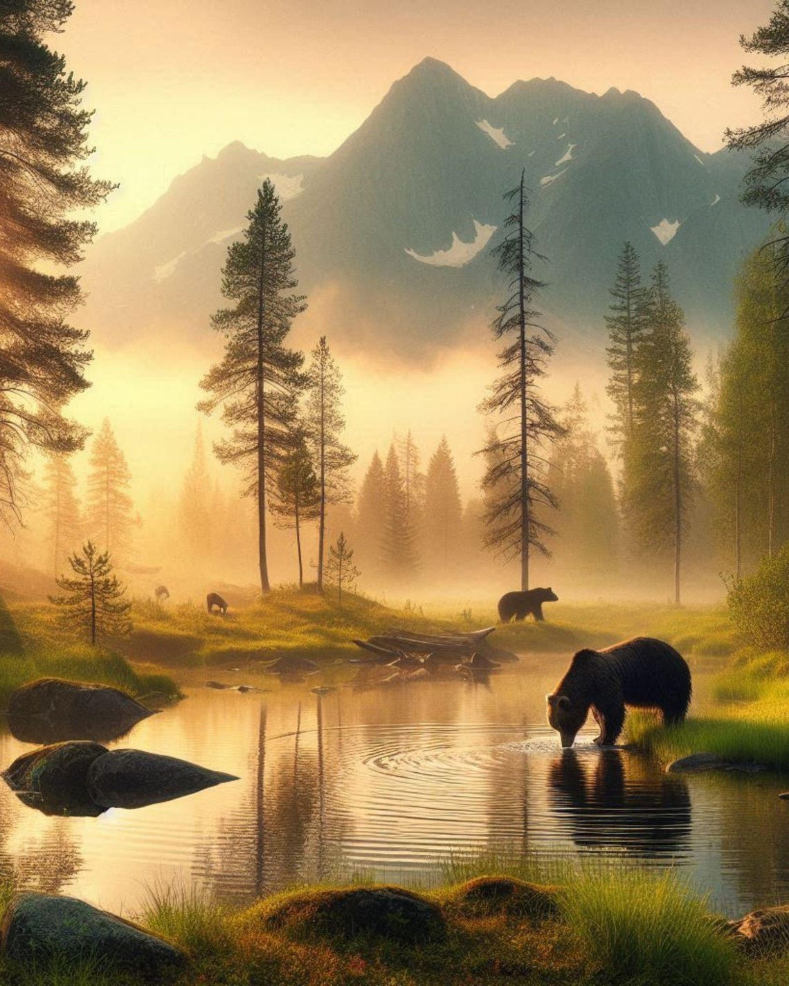 Brown Bear Drinking at a Mountain Lake at Sunset Wilderness Poster - Image 6