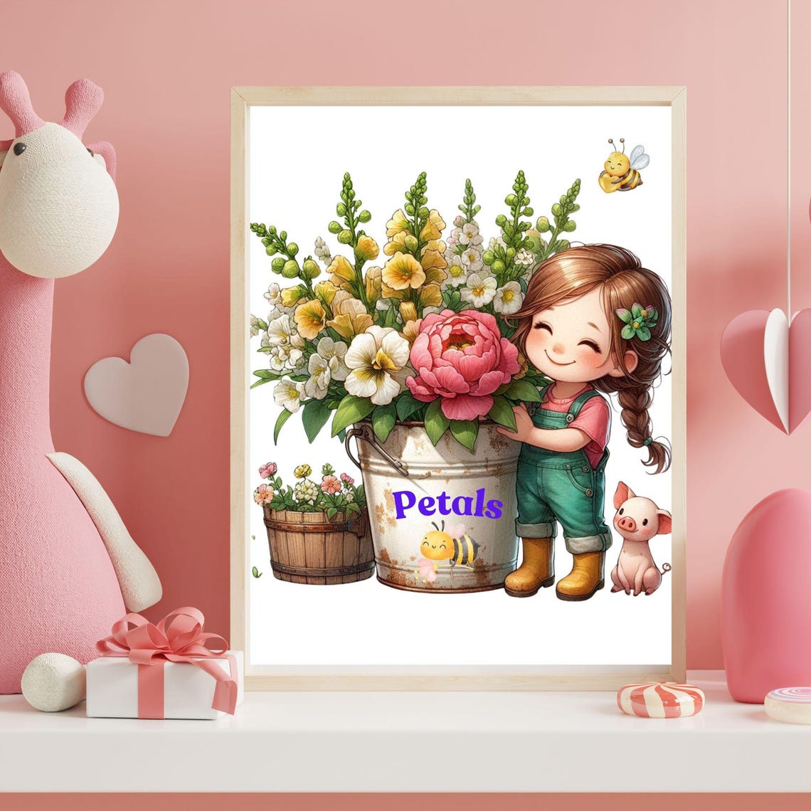 Petals Farm Girl With Big Flower Bucket Piglet and Bees Poster - Image 5