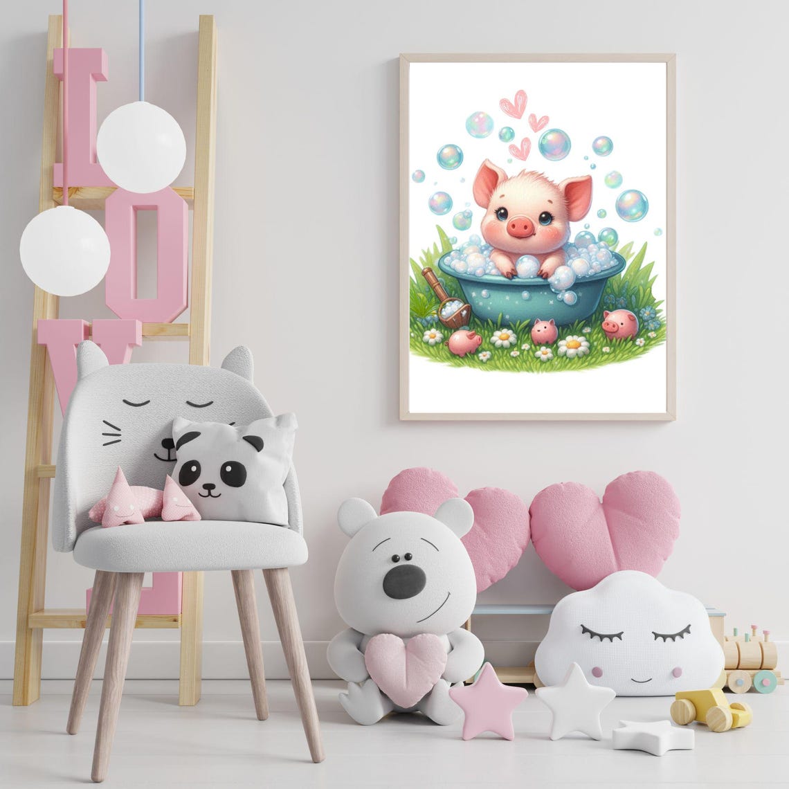 Cute Piglet in a Bubble Bath Tub With Bubbles Kids Room Poster - Image 4