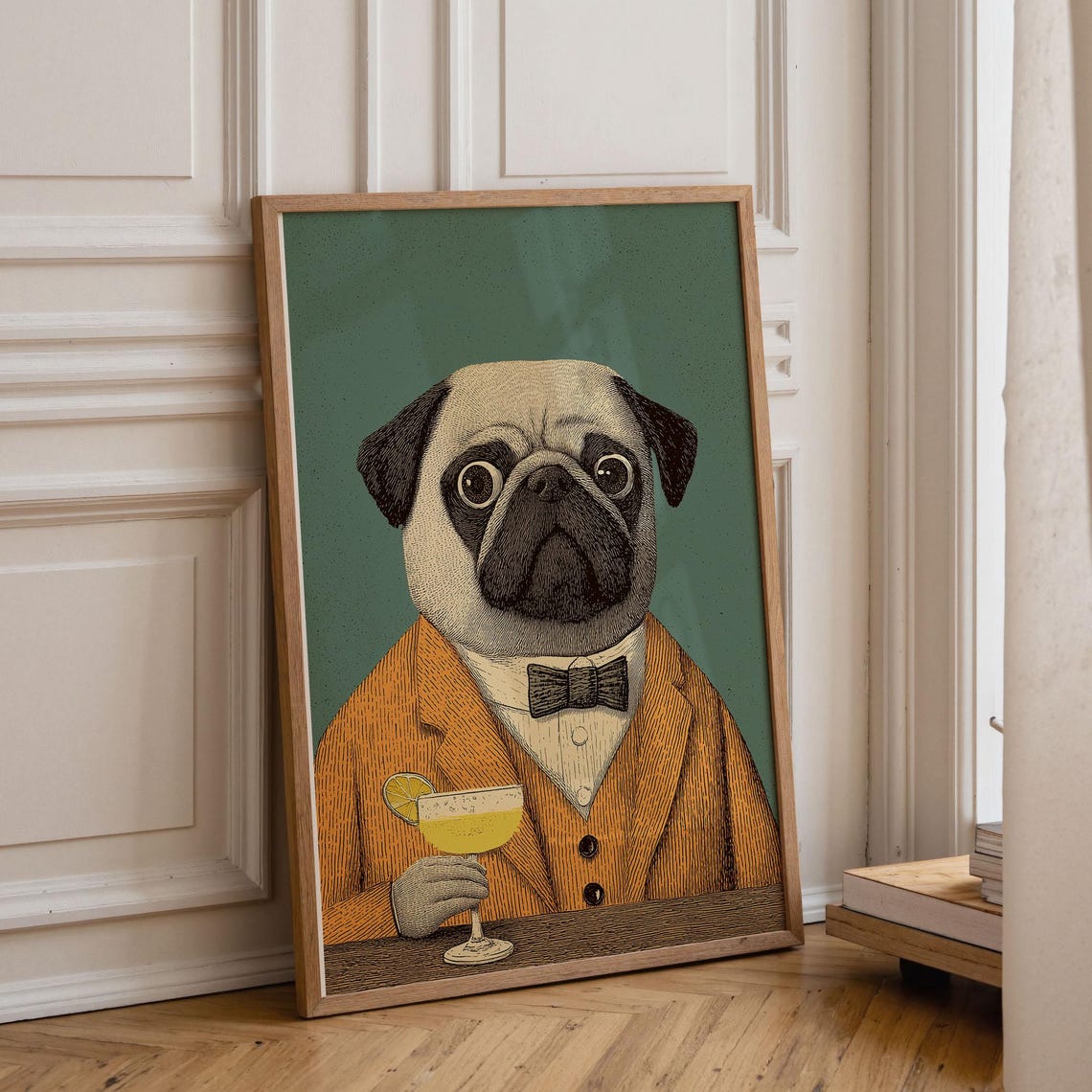 Pug In Orange Suit Poster Print