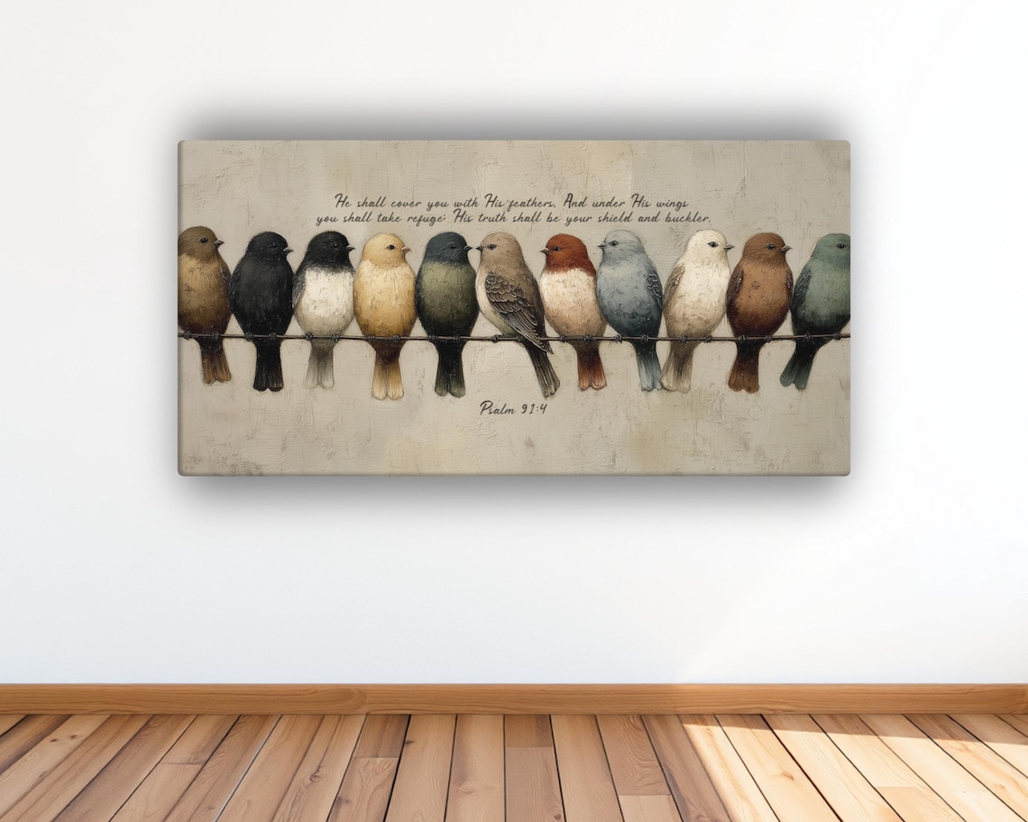 Psalm 91:4 Colorful Birds Scripture Art Print