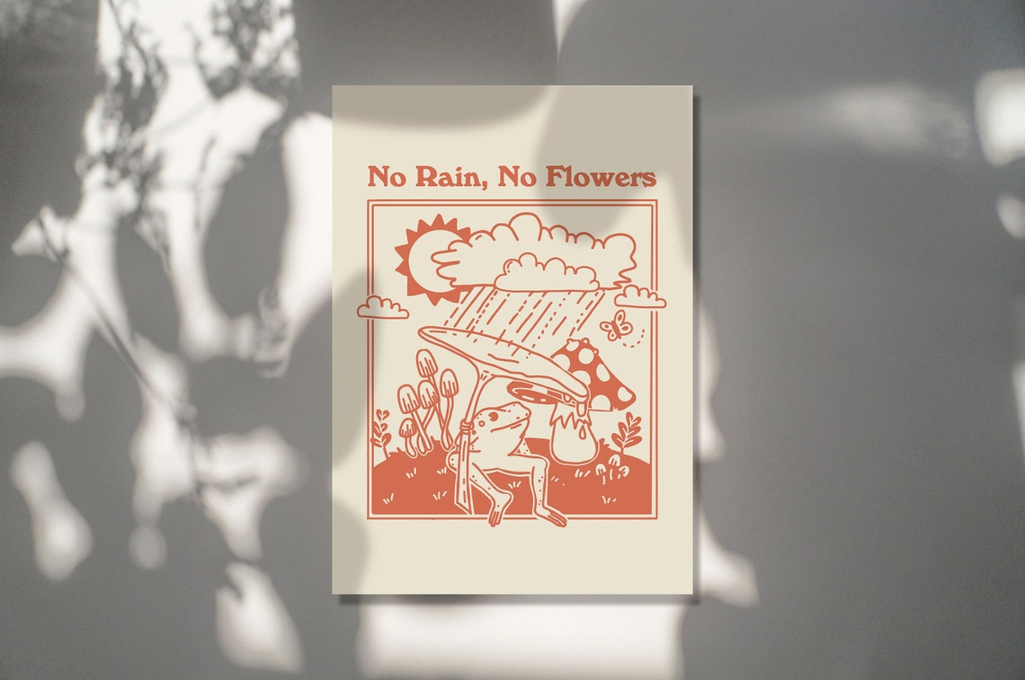No Rain No Flowers Frog Mushroom Rain Burnt Orange Retro Poster - Image 2