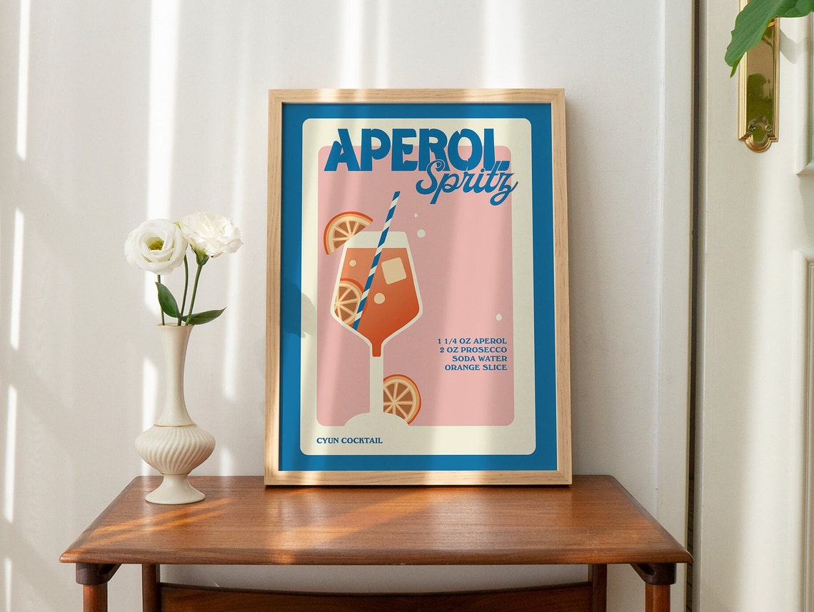 Aperol Spritz Cocktail Recipe Retro Blue Pink Bar Kitchen Poster