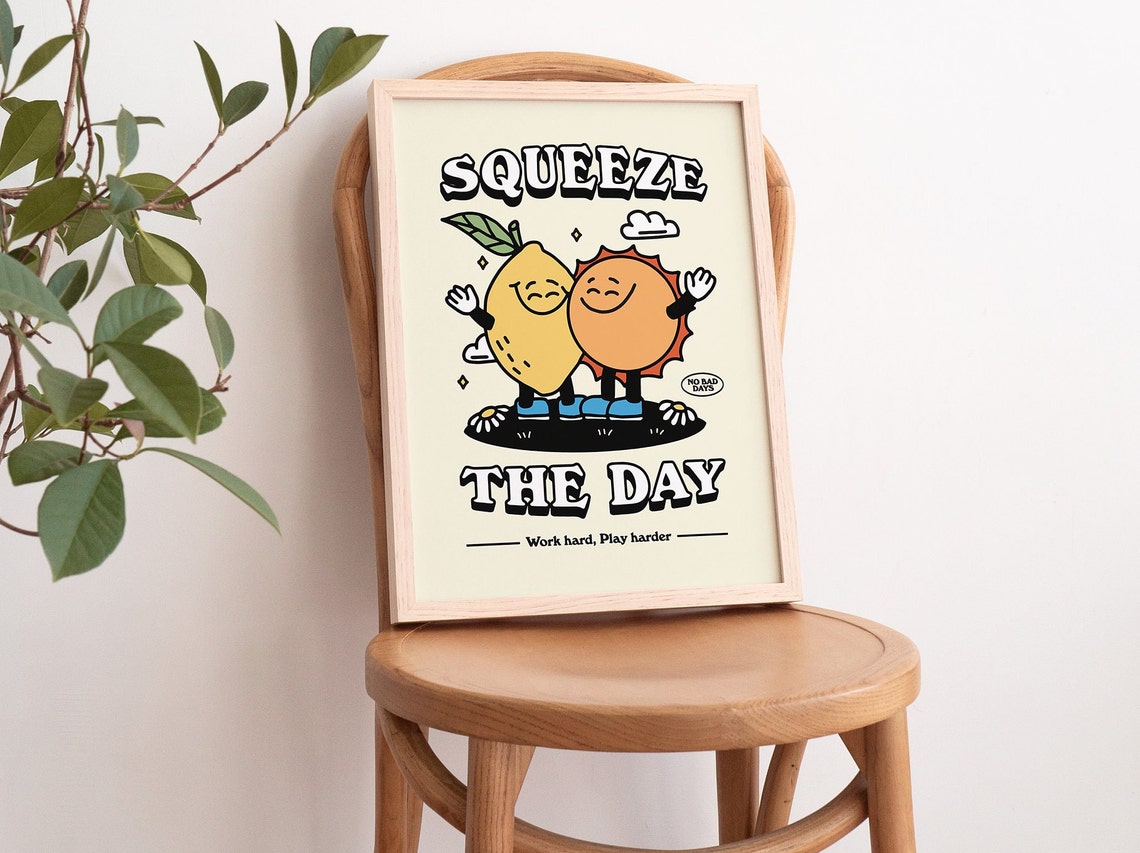 Squeeze The Day Lemon Sun Happy Characters Retro Quote Poster - Image 3