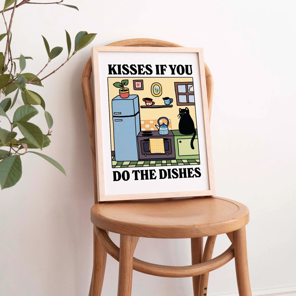 Funny Kisses If You Do the Dishes Black Cat Retro Kitchen Poster - Image 4