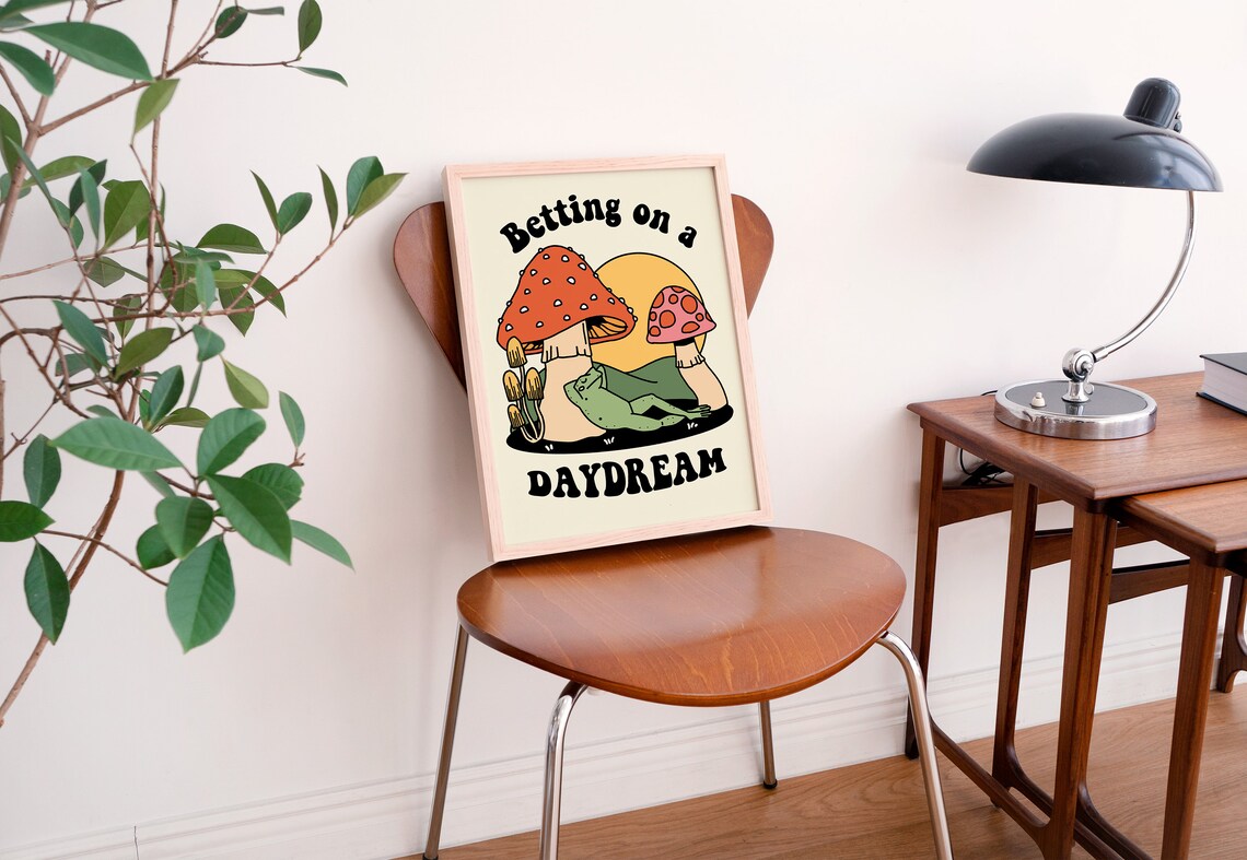 Betting On A Daydream Frog Lounging Mushrooms Retro Wall Poster - Image 2
