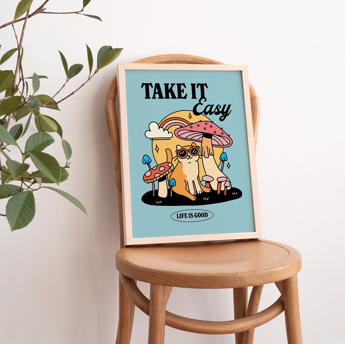 Take It Easy Cat Poster Mushroom Retro Groovy Y2K Trendy Dorm Room Print - Image 3