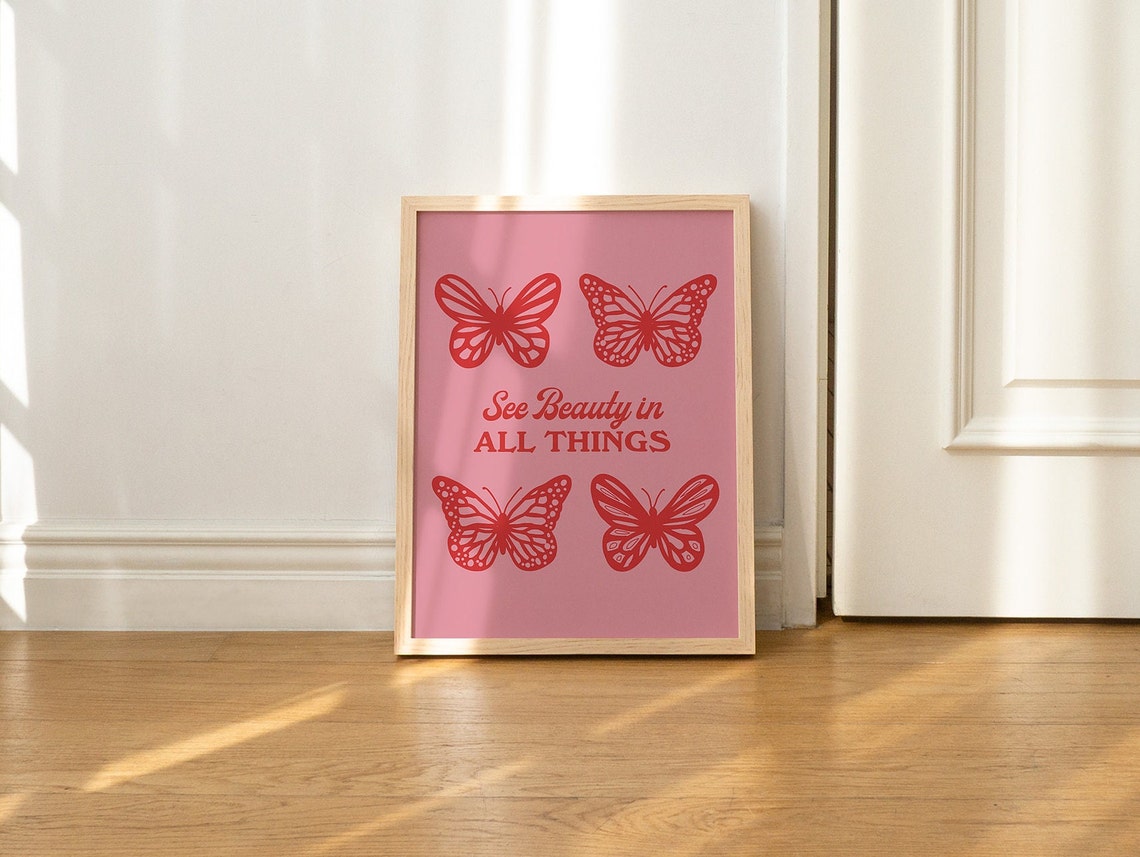 See Beauty in All Things Red Butterflies Pink Retro Quote Poster - Image 2