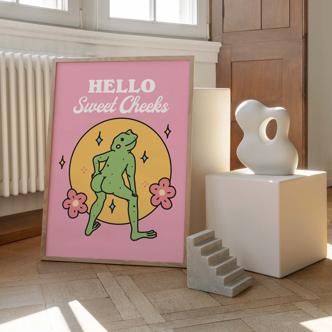 Hello Sweet Cheeks Cheeky Green Frog Retro Pink Bathroom Poster - Image 3