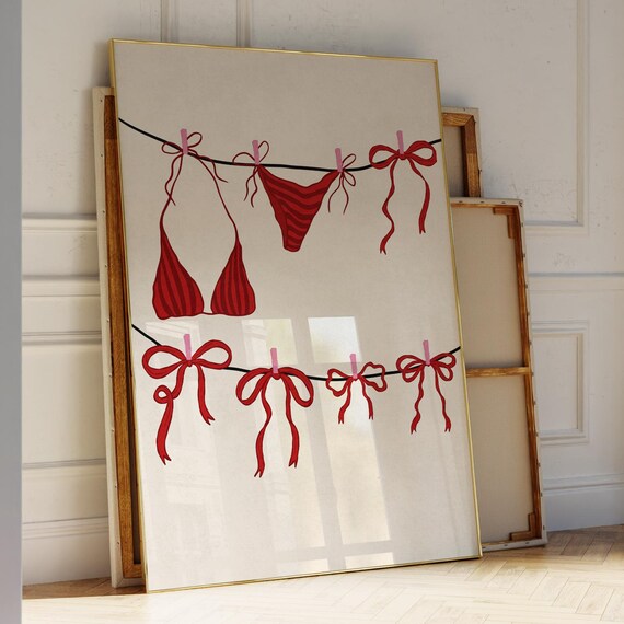 Red Bikini on Clothesline Summer Bows Chic Beach House Art Poster