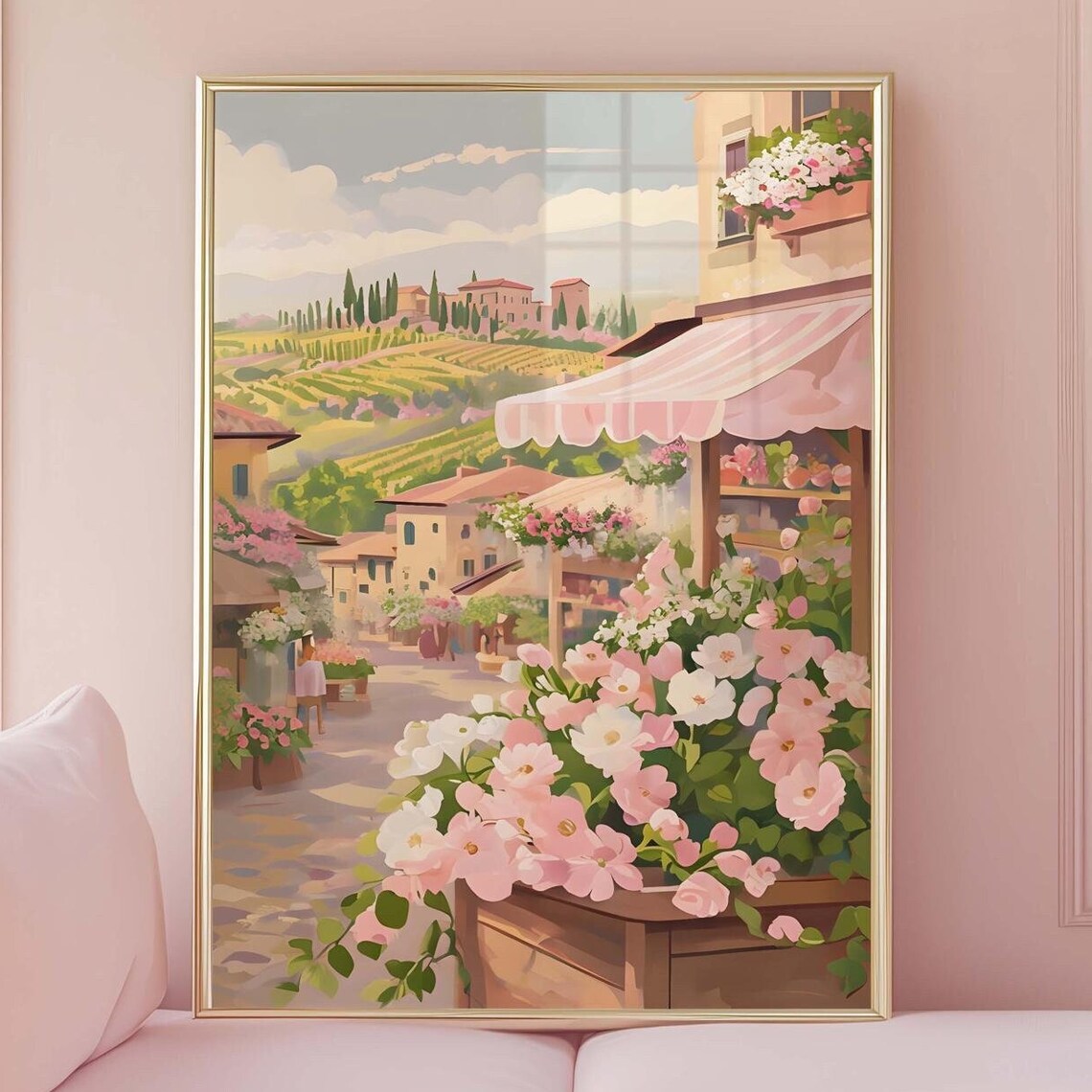 Tuscany Flower Market Pink Blossoms Spring Village Art Print