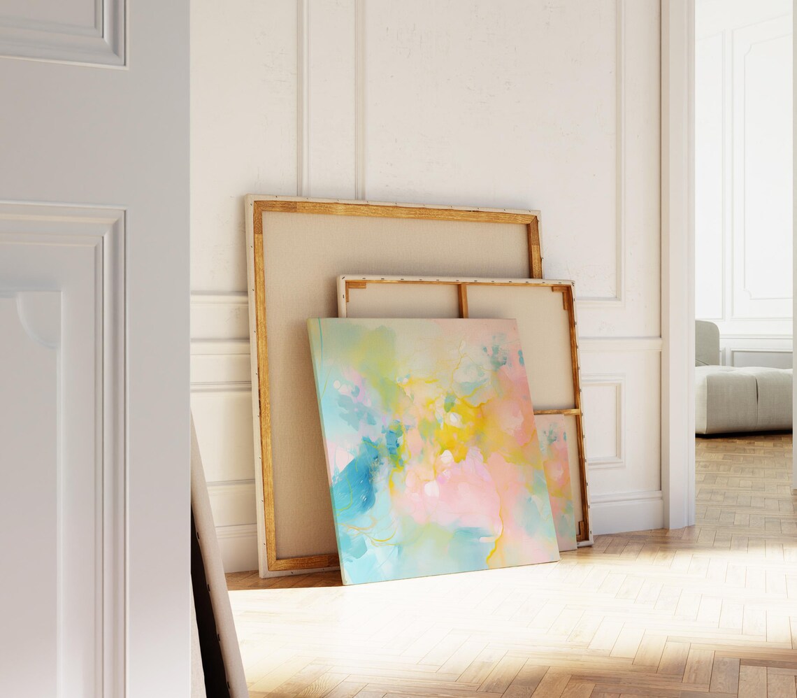 Soft Blue Pink And Yellow Flowing Fluid Ink Abstract Painting Print - Image 4