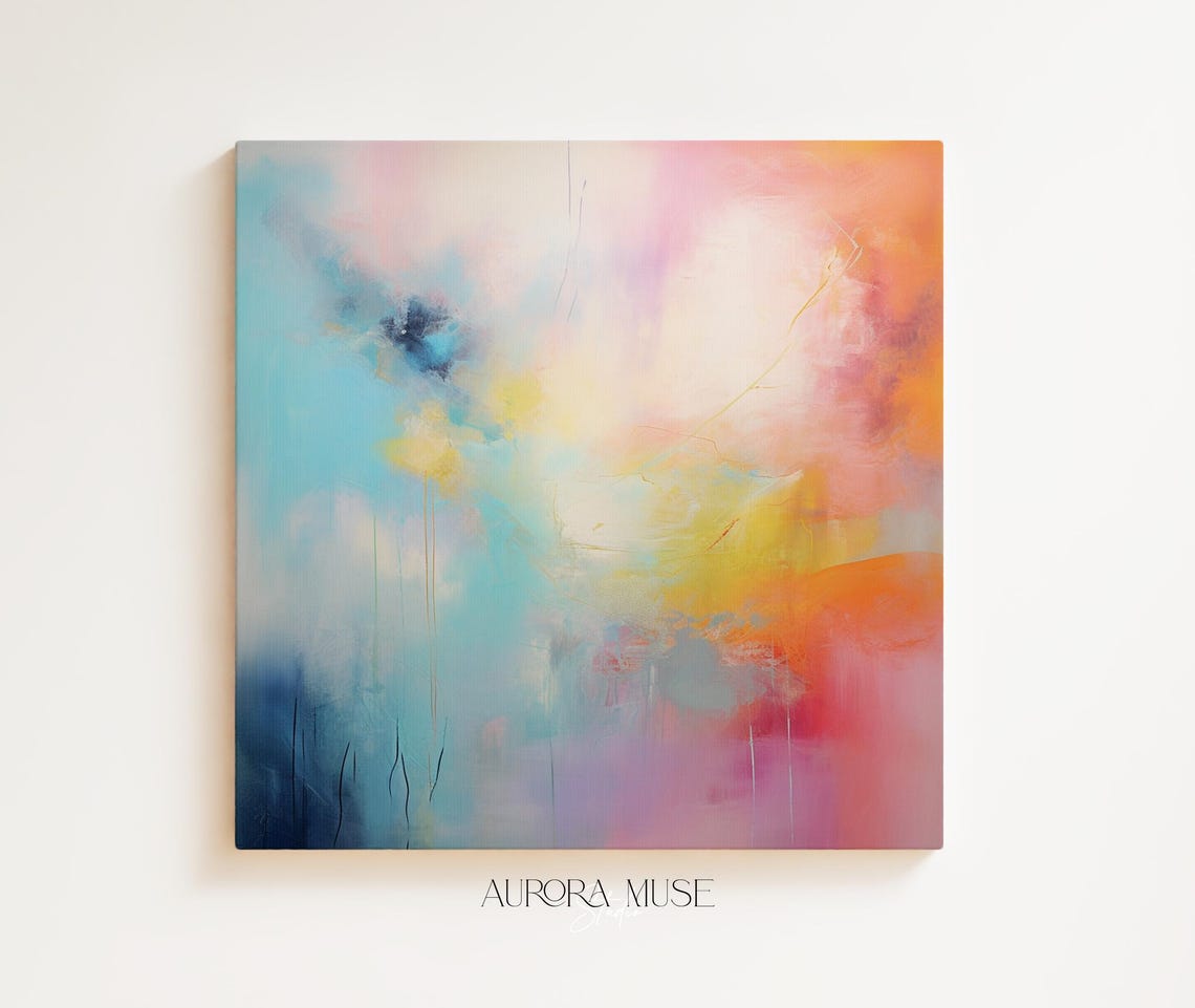 Pastel Turquoise Pink Orange Dreamy Abstract Painting Square Wall Art
