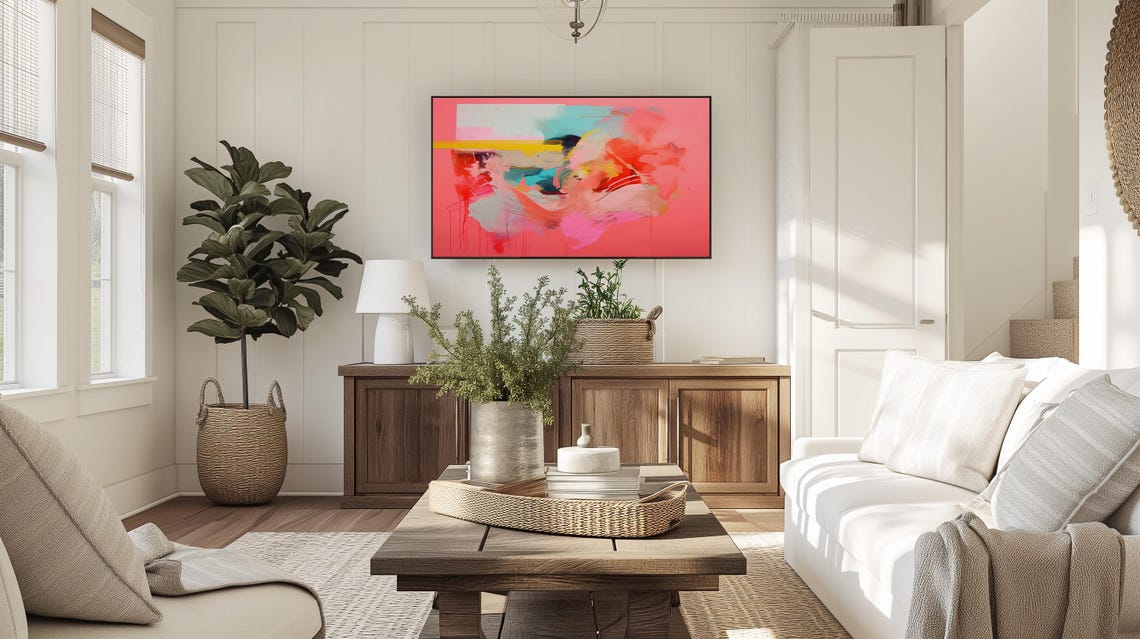 Coral Pink Abstract Painting With Vibrant Red Teal Swirls Poster - Image 5
