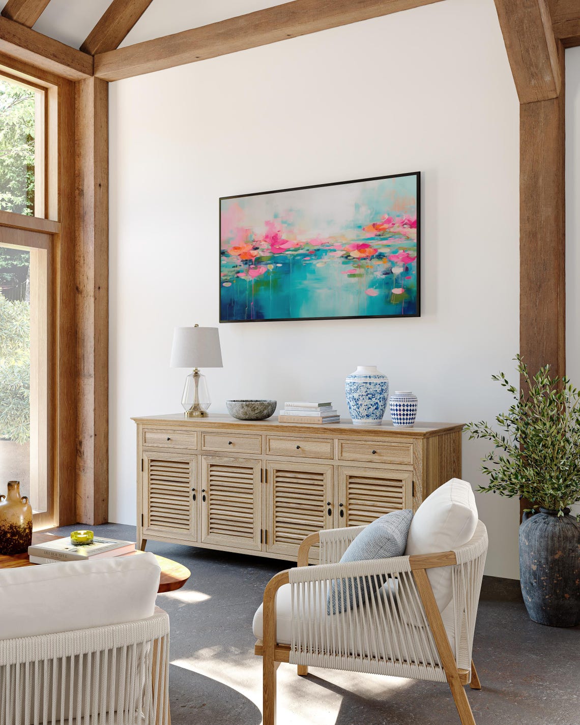 Turquoise Water Abstract With Pink Orange Blossom Clusters Poster - Image 2