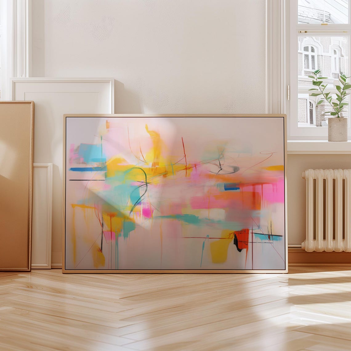 Pastel Pink Yellow Bright Abstract Scribble Oil Painting Wall Art - Image 4