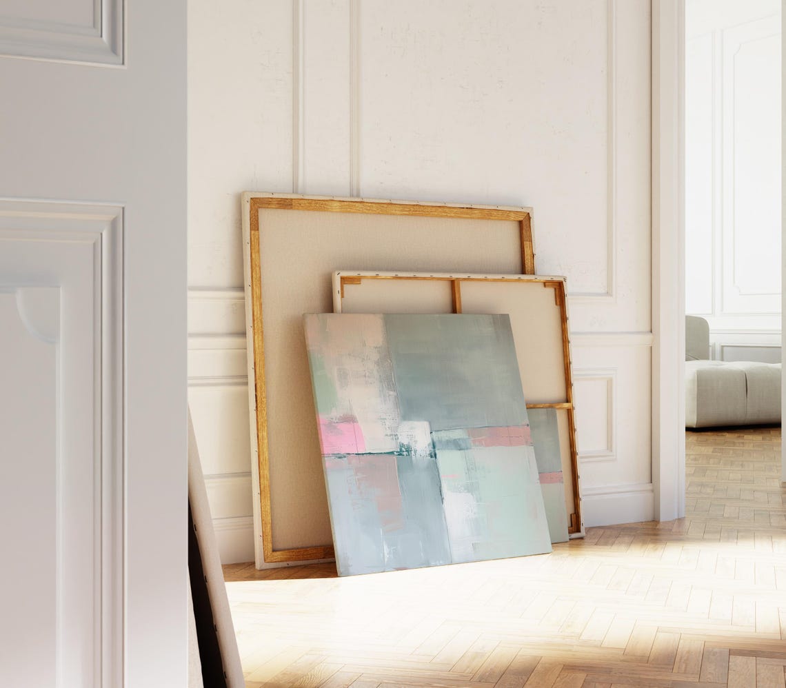 Muted Blue Grey Abstract Canvas With Blush Pink Accent Print - Image 3