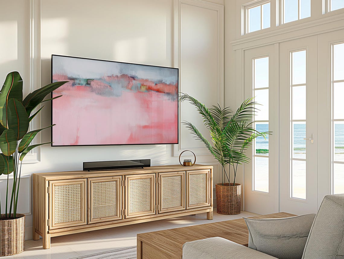 Soft Pink Abstract Painting With Red Teal Horizon Band Art Poster - Image 3