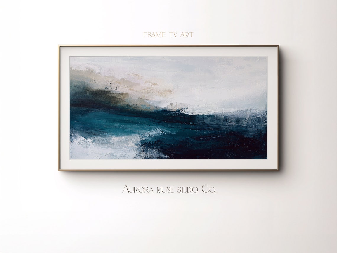 Deep Teal Ocean Abstract Painting With Misty Gray Sky Oil Poster - Image 4