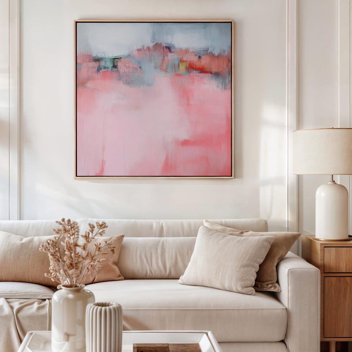 Soft Blush Pink Blue And Coral Wash Abstract Statement Wall Art - Image 3