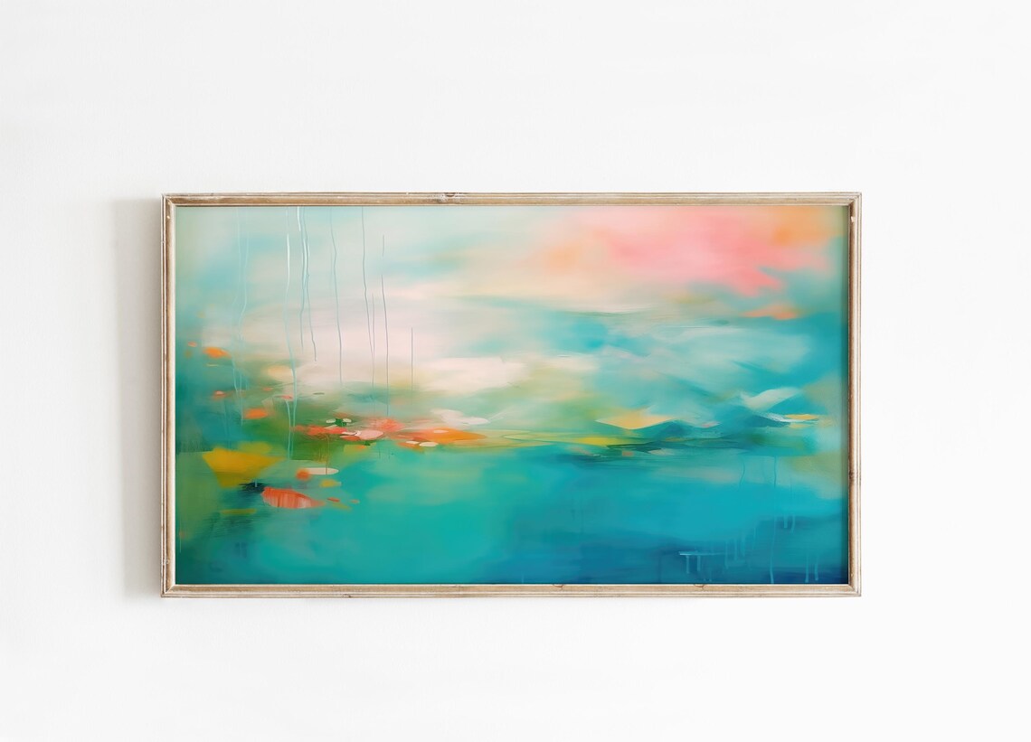 Turquoise Teal Abstract Painting With Coral Pink Accents Art Poster