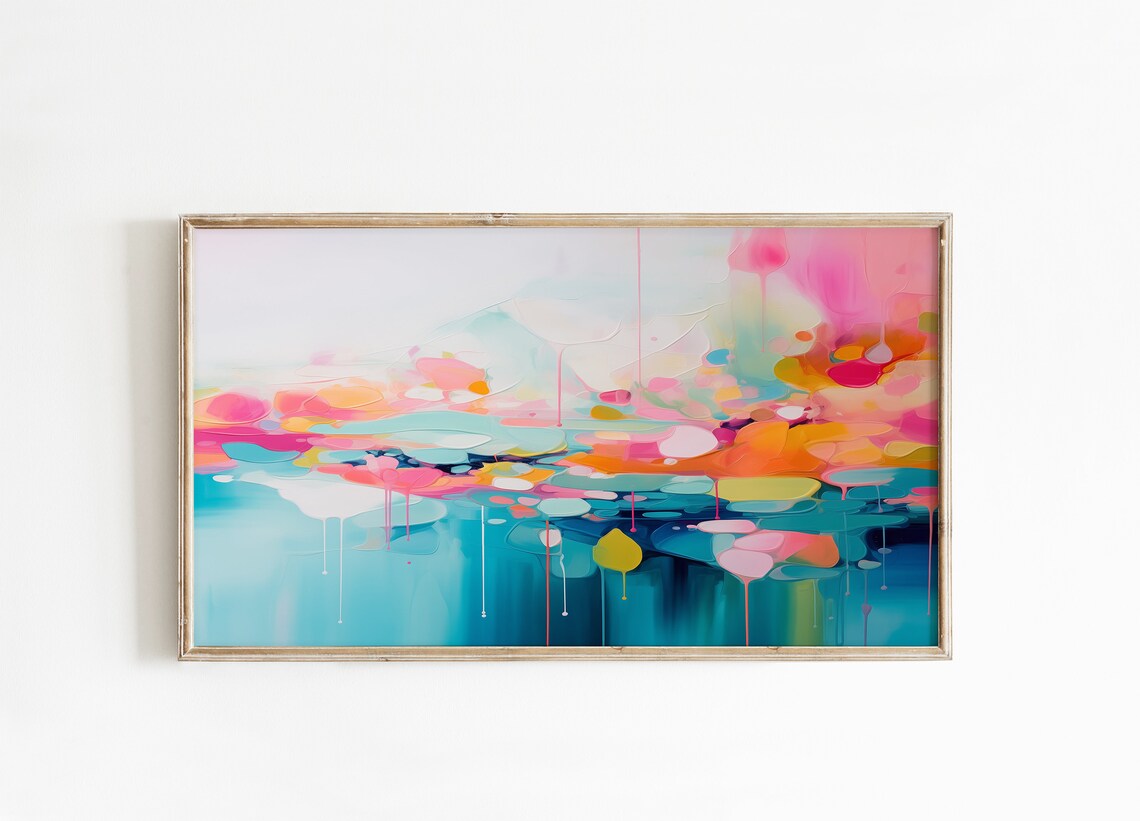 Pink Orange Watercolor Abstract Painting With Turquoise Drips Poster