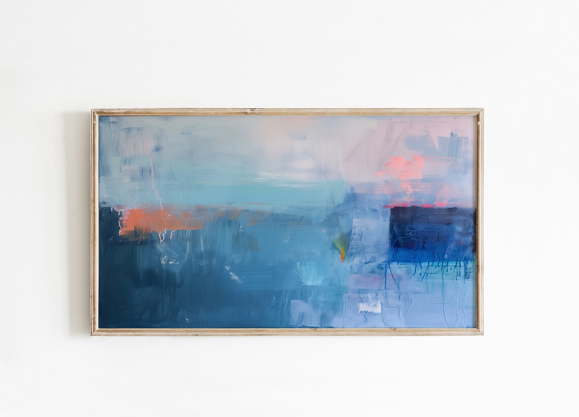 Blue Gradient Abstract Painting With Coral Pink Accents Art Poster