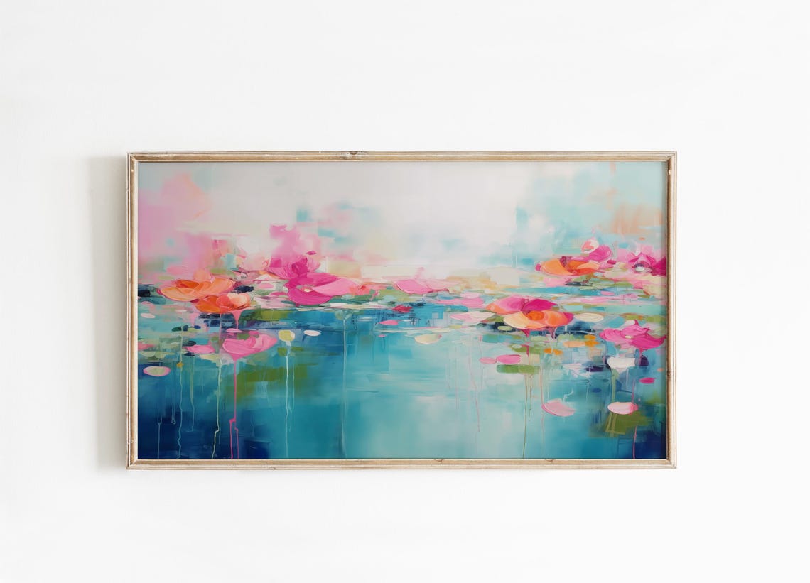Teal Pond Abstract With Pink Blossom Clusters And Paint Drips Poster