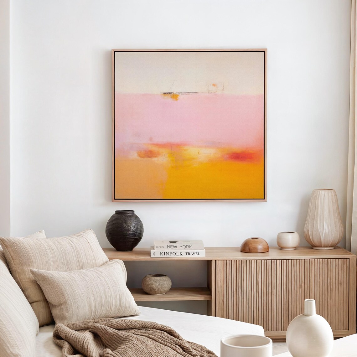 Minimalist Cream Pink And Orange Abstract Color Field Block Poster - Image 2