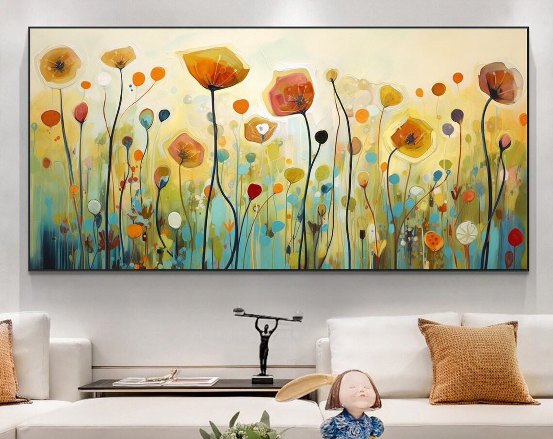 Orange Poppy Meadow Tall Stems Teal Green Floral Field Poster