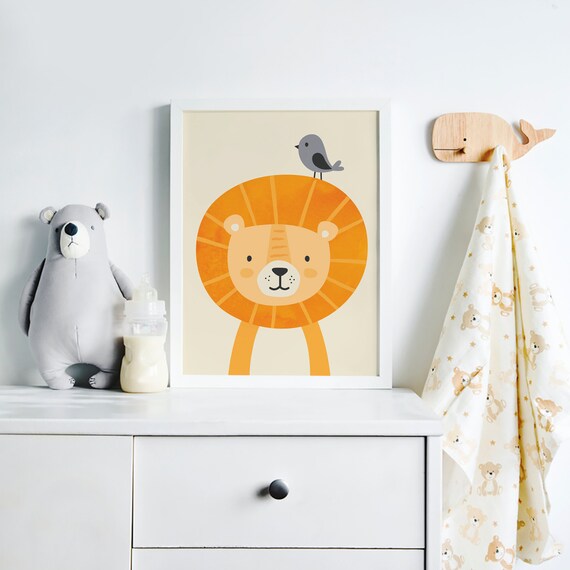 Cute Smiling Lion With Bird Orange Kids Nursery Animal Wall Poster