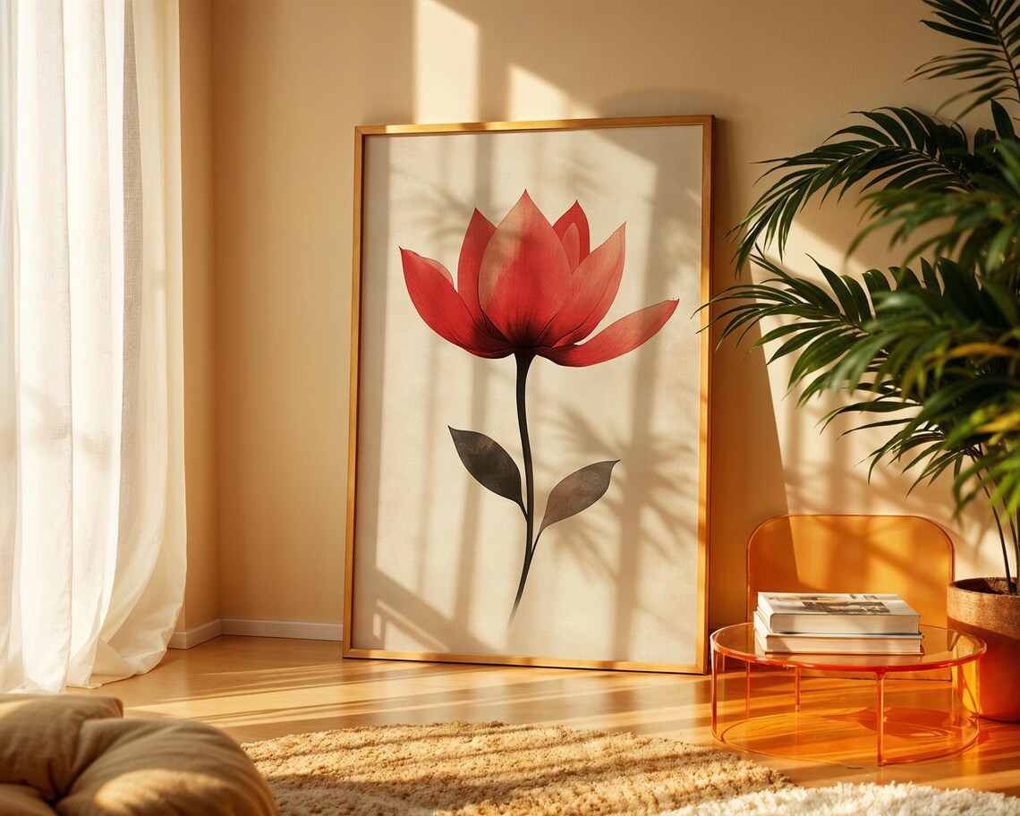 Vintage Red Flower Art Print, Kitchen Office Decor - Image 4
