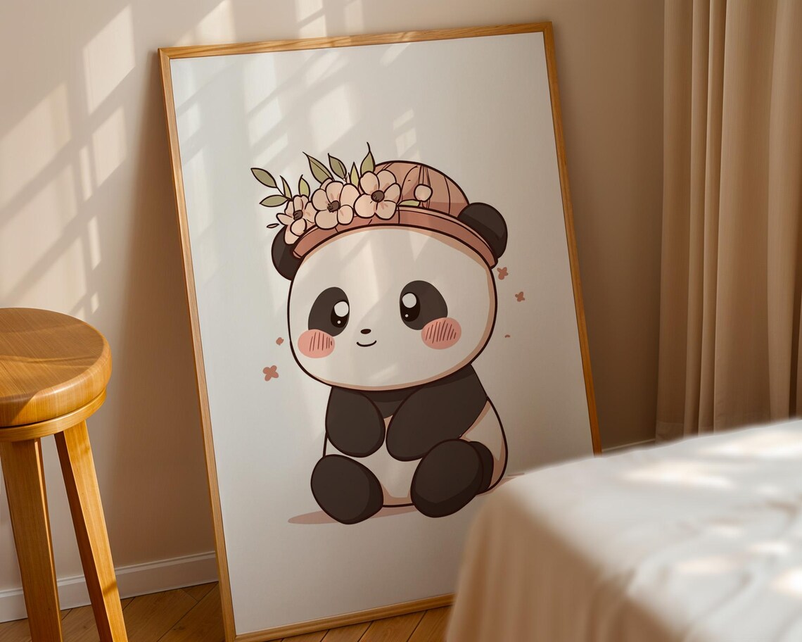 Cute Panda in Floral Hat Kawaii Animal Poster for Kids Room Wall Decor - Image 4