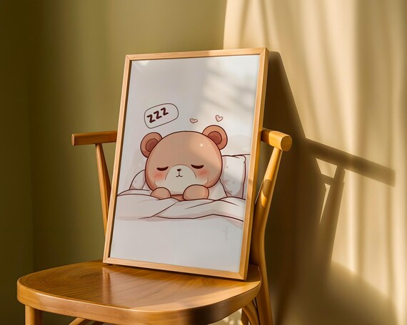Cute Sleeping Bear Kawaii Animal Poster for Kids Room and Nursery Wall