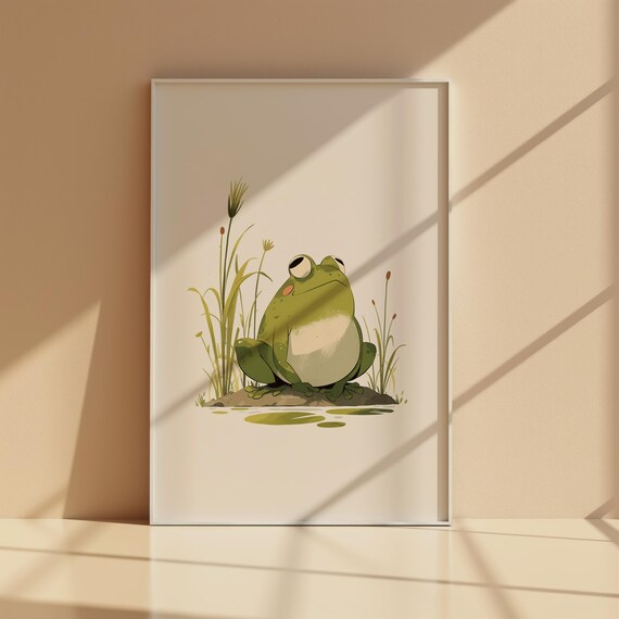 Cute Green Frog by Pond Reeds Sleepy Eyes Illustration Poster