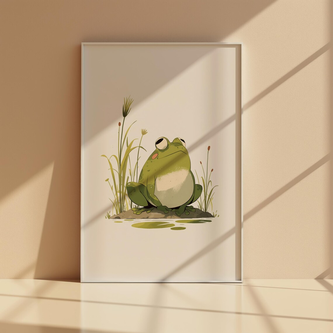Cute Green Frog by Pond Reeds Sleepy Eyes Illustration Poster