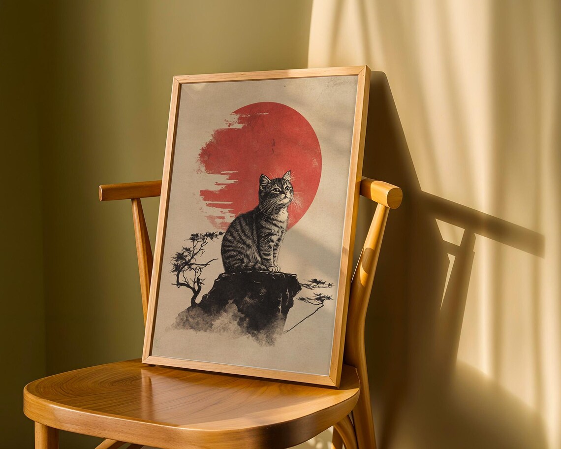 Japanese Tabby Cat Red Sun Sumi-e Style Art Poster for Wall Decor - Image 6