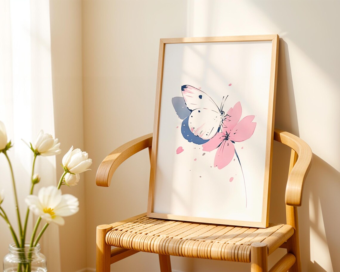 White Butterfly on Pink Flower Art Print