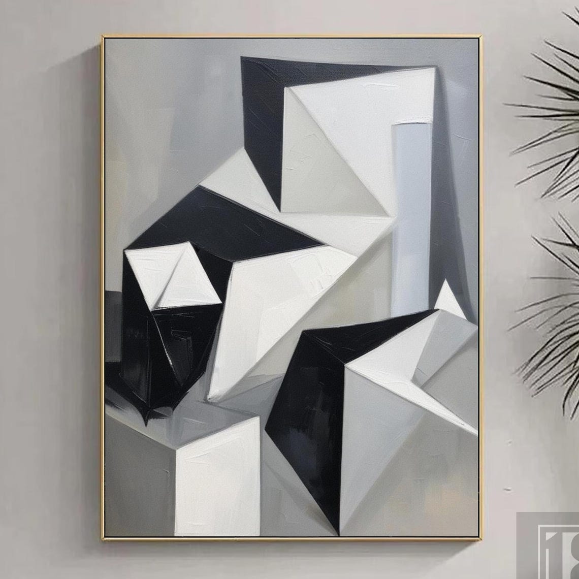 Minimalist Abstract Painting On Modern Geometric Oil Painting Black Gray White Painting Textured Wall Art Living Room Wall Decor