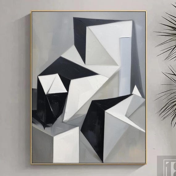 Minimalist Abstract Painting On Modern Geometric Oil Painting Black Gray White Painting Textured Wall Art Living Room Wall Decor