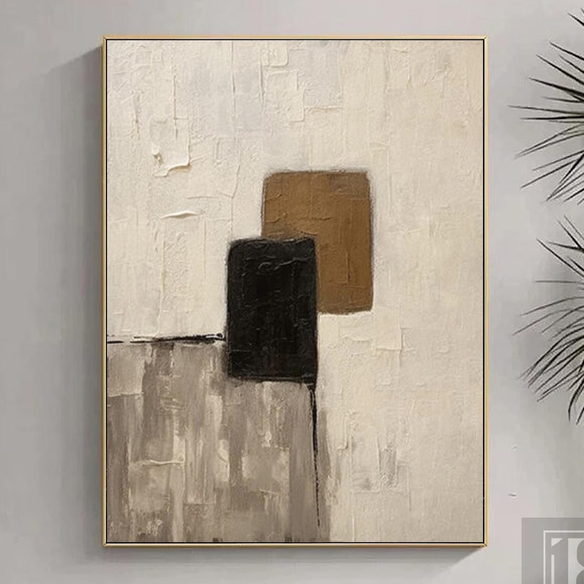 Large Creamy Beige Abstract Geometric Oil Painting Modern Wabi Sabi Wall Art Brown And Black Minimalist Wall Art Beige Textured Painting