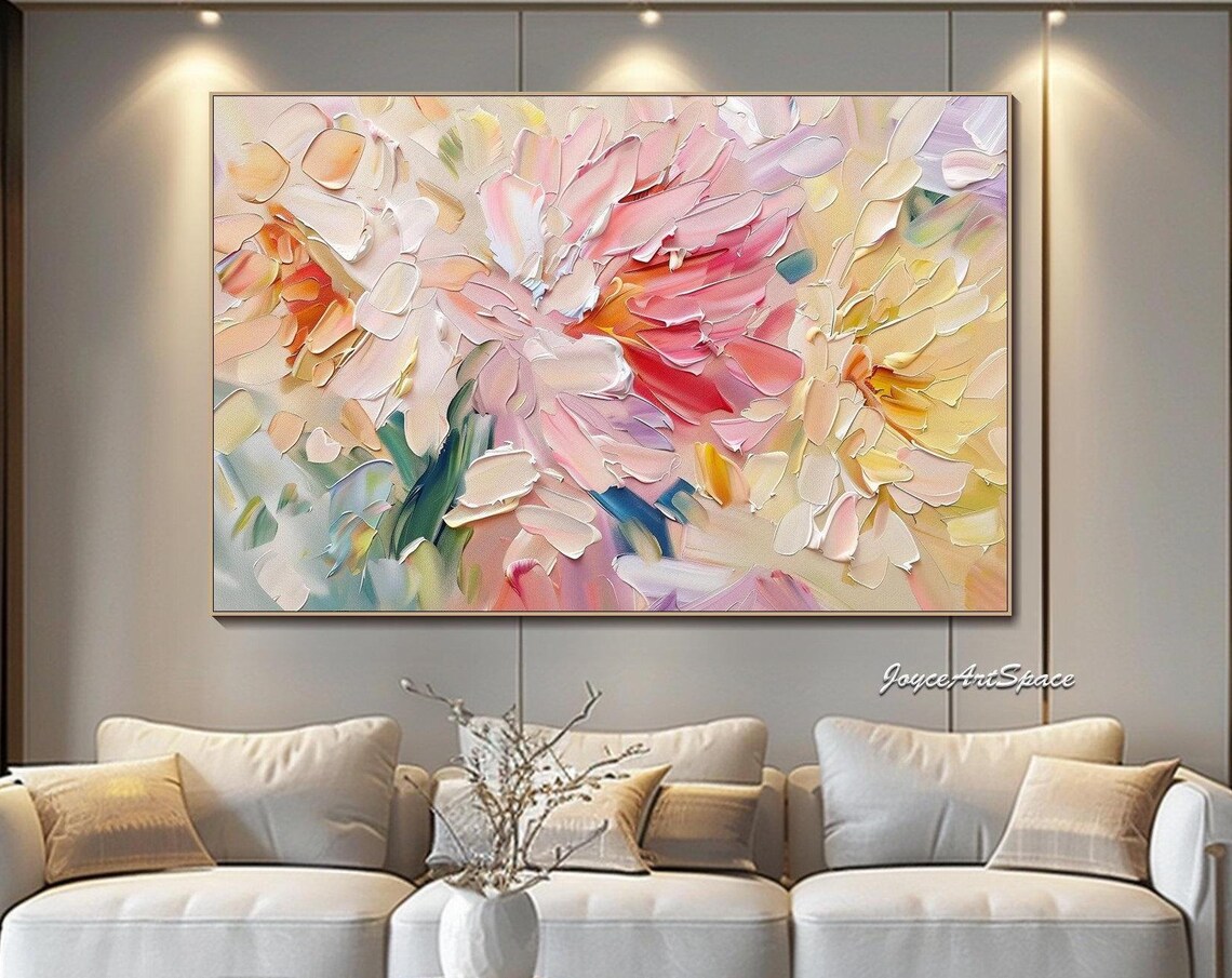 Pink Peach Blossom Petals Textured 3D Abstract Floral Oil Poster