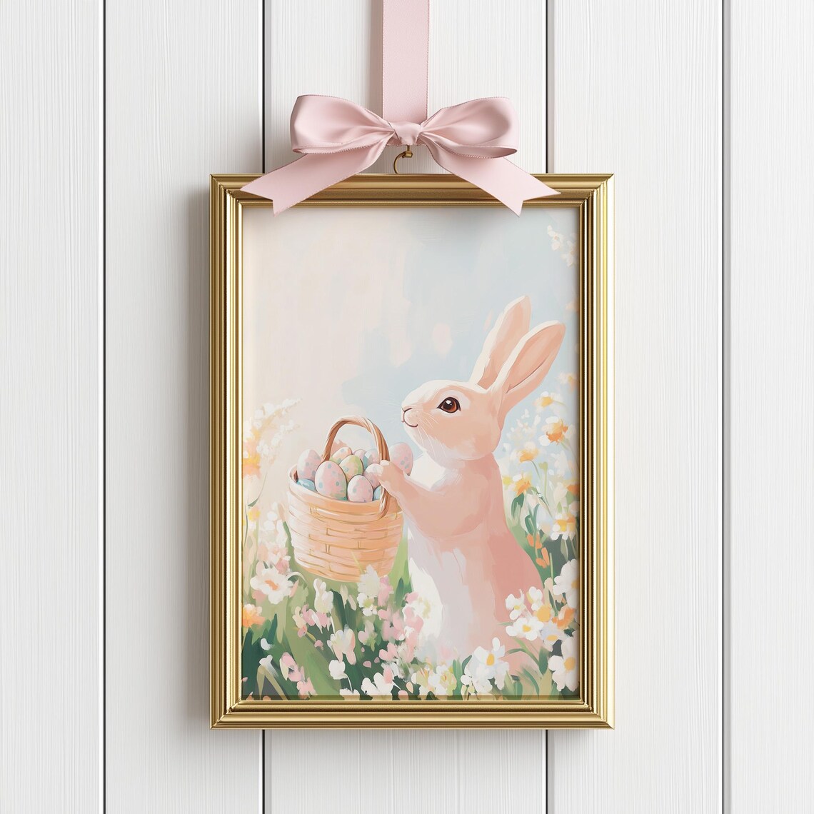 Cute Easter Bunny Holding Basket of Eggs in Flower Meadow Poster