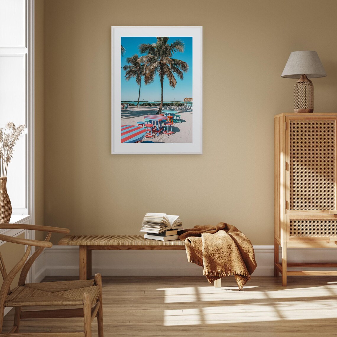 Tropical Beach Picnic Tables Palm Trees Summer Photo Art Print - Image 3